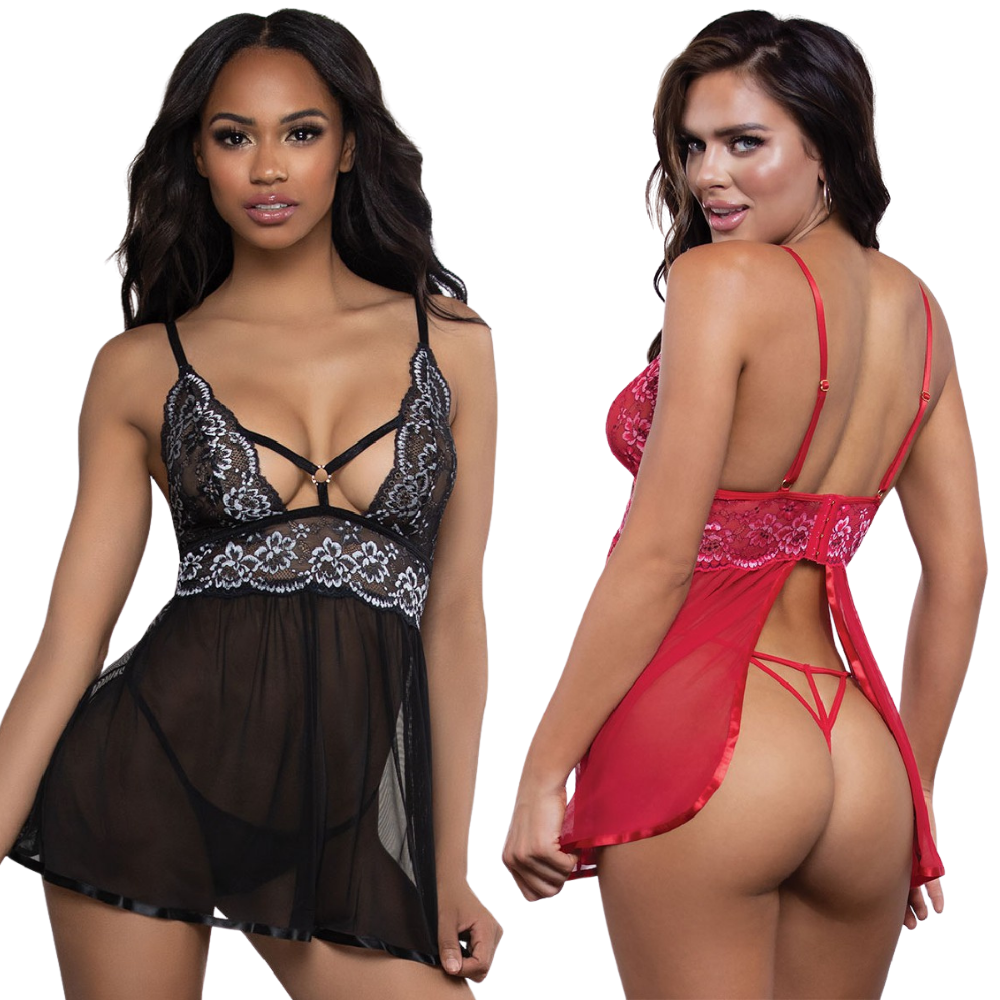 Contrast Lace Open Back Babydoll Set